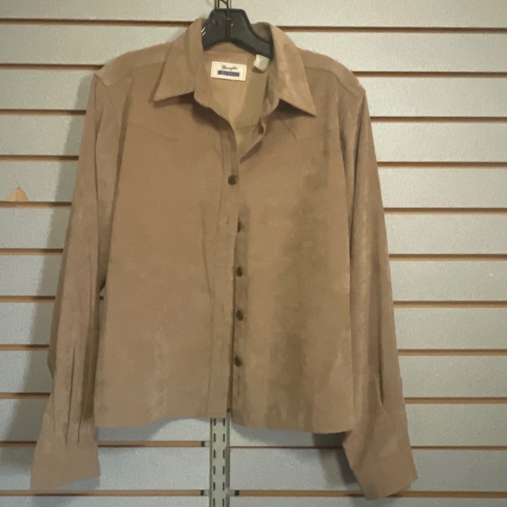 VTG Wrangler Riata Tan Faux Suede Western Button Down Shirt Womens Regular L XL